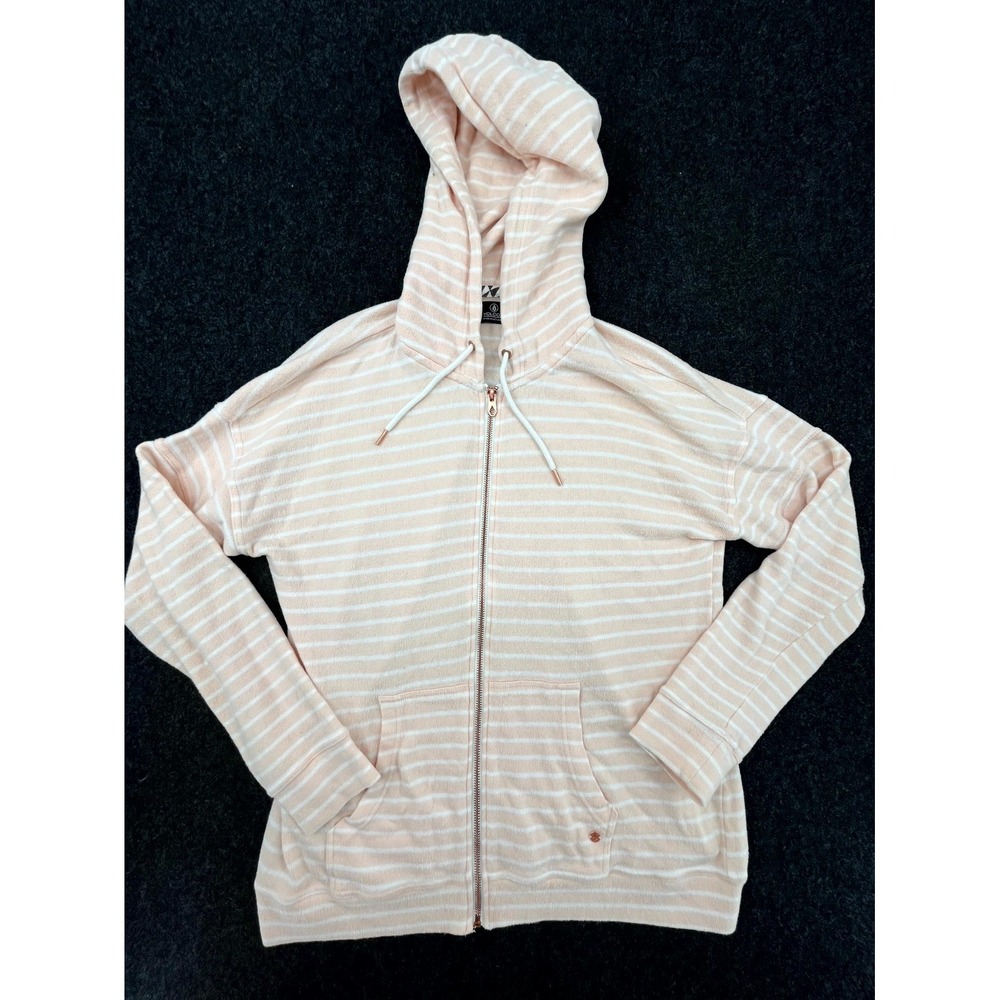 Volcom Lived In Lounge Hoodie Womens Large Pink White Striped Cotton Full Zip